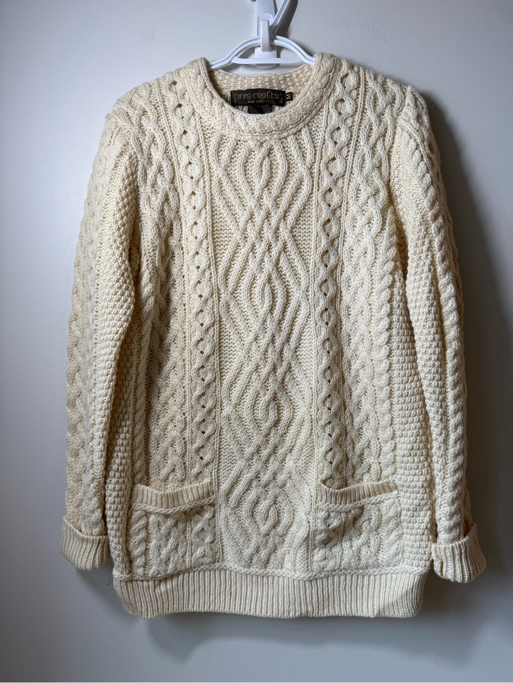 Inis Crafts Merino Wool cable knit pullover sweater cream crew neck